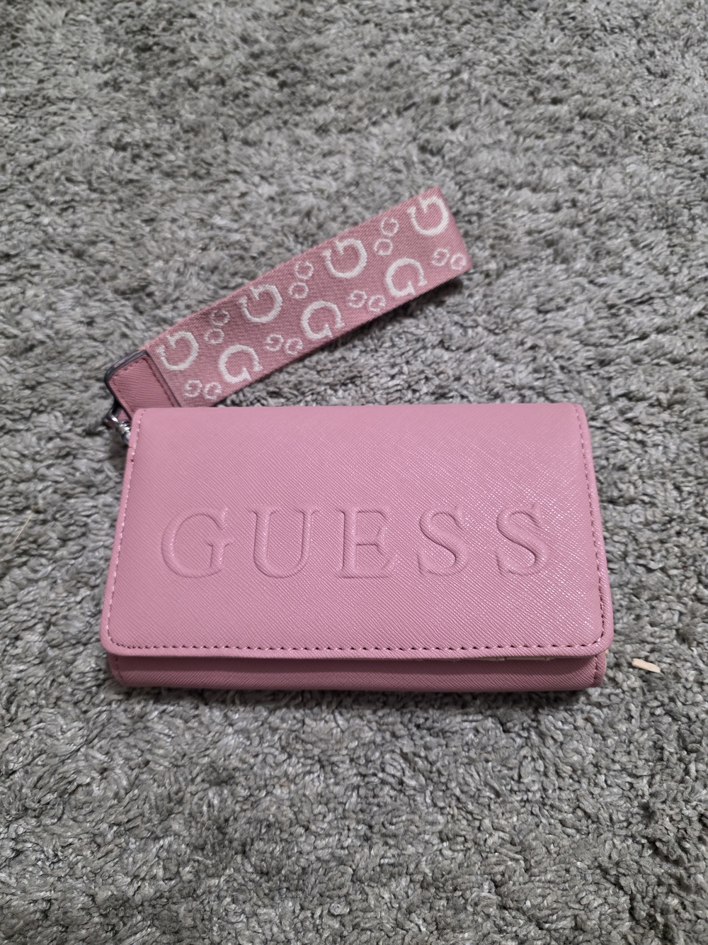 GUESS Pink Embossed Logo Wristlet with Printed Strap